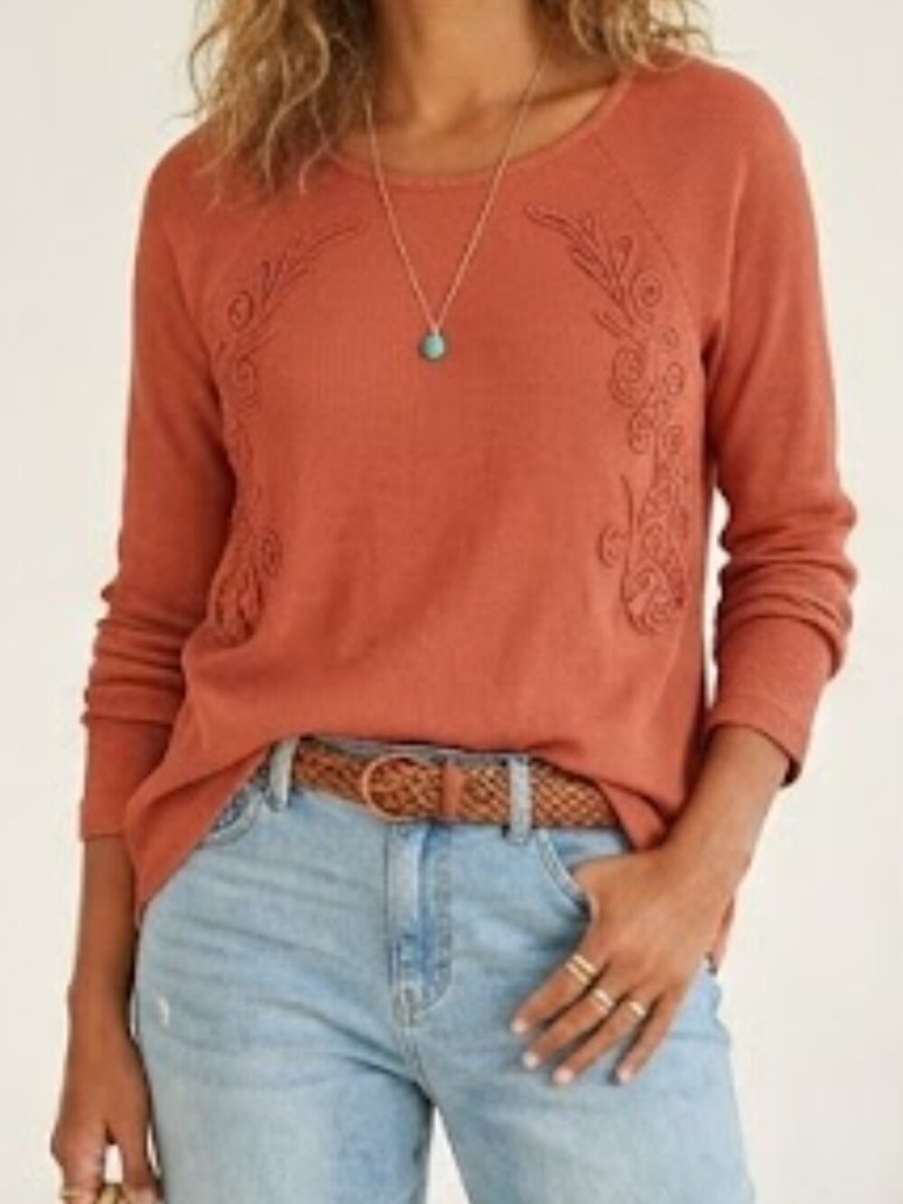 Soft Surroundings Cotton Embroidered Long Sleeve Shirt Waffle Knit Boho X Large